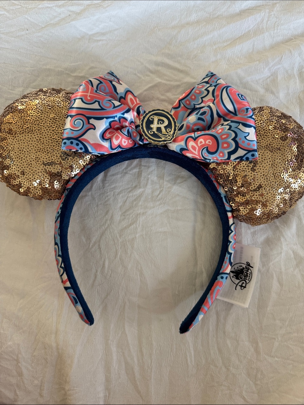 Disney Gold Sequin Minnie Ears Headband with Blue and Pink Paisley Bow